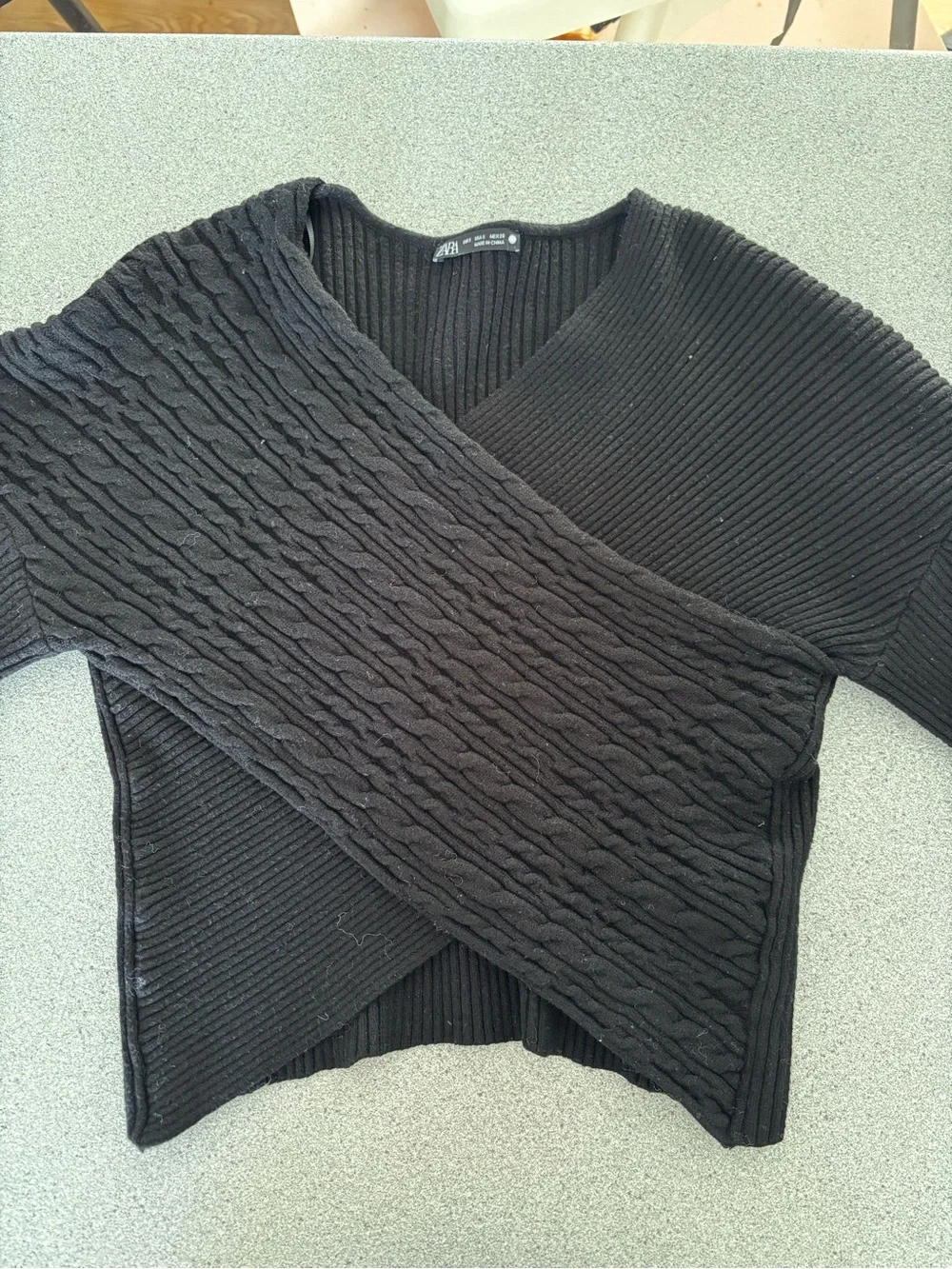 Zara Knit Wrap Sweater Black Textured Balloon Sleeve Small Minimalist Stretchy - Picture 8 of 11